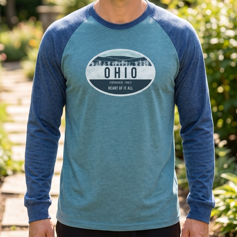 Home Free Ohio Heart of‎ It All Raglan Long Sleeve Graphic Tee Teal Navy Blue